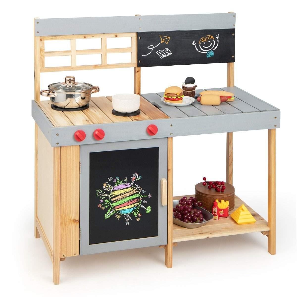 CWY Utendørs leirkjøkkensett for barn lekekjøkken i tre 89 x 45 x 90 cm natur + grå