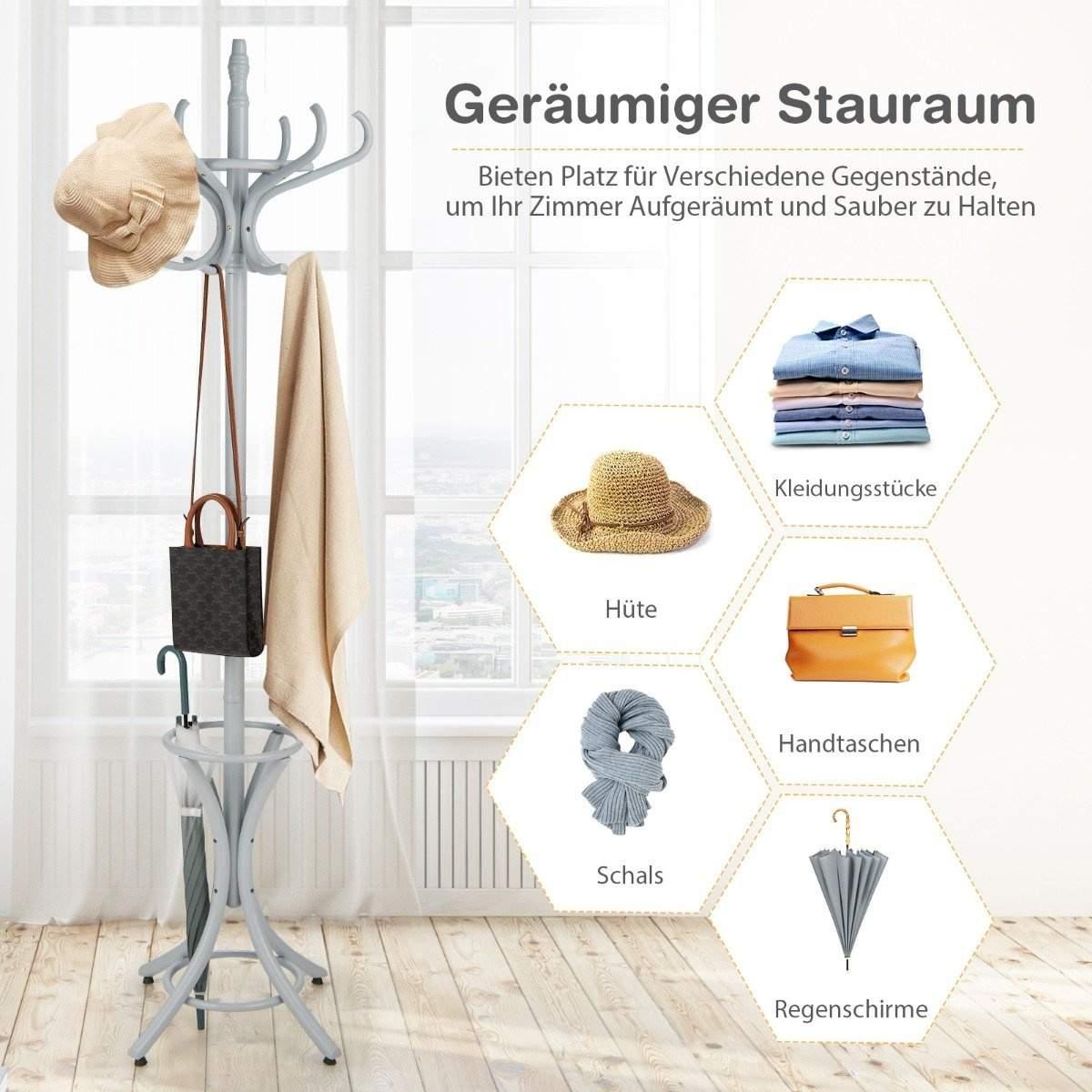CWY 184 cm klesstativ med paraplyholder jakkestativ med 12 kleskroker grå