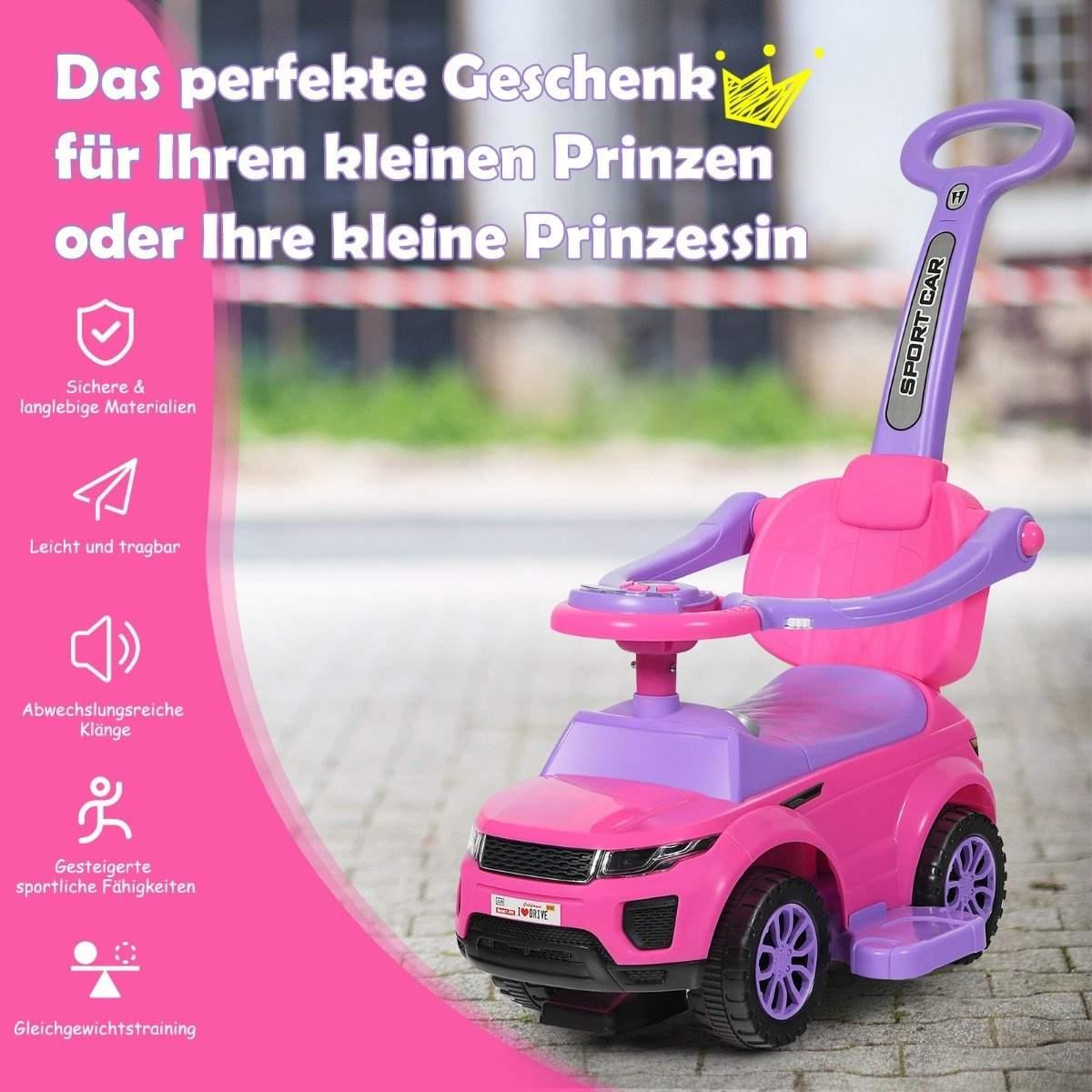 CWY 3-i-1 barnebil skyvebil med hornmusikklys 89 x 43 x 84 cm rosa