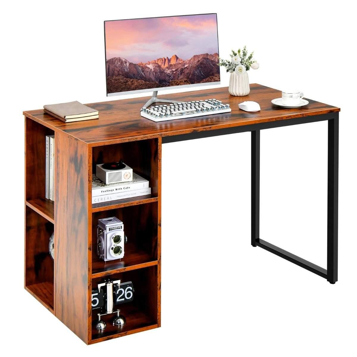 CWY Skrivebord med 5 rom og metallramme Moderne datamaskinbord Arbeidsbord Brun