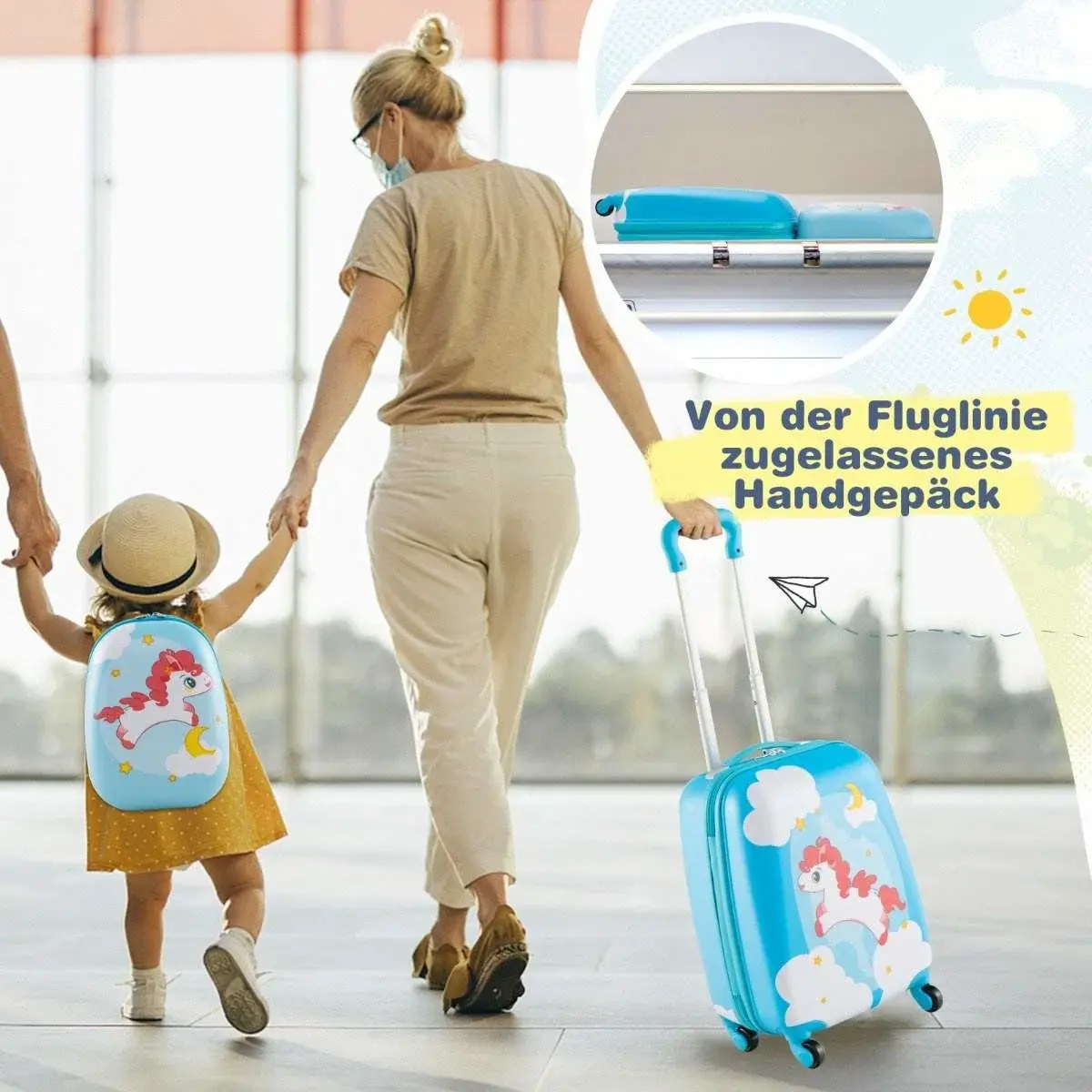 CWY 2-delt barnekoffert + ryggsekk laget av plast barnevogn barnebagasje 12"+16" blå hest