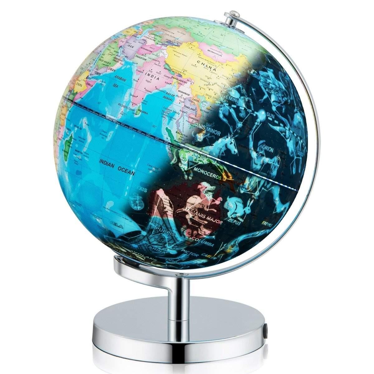 CWY Ø 23 cm opplyst globus med metallbase & lys & engelsk geografisk kart & stjernebildekart