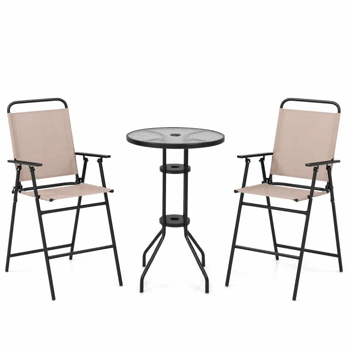 CWY 3-delt utendørs bistrosett, uteplass barbord med 2 sammenleggbare stoler og parasollhull, beige