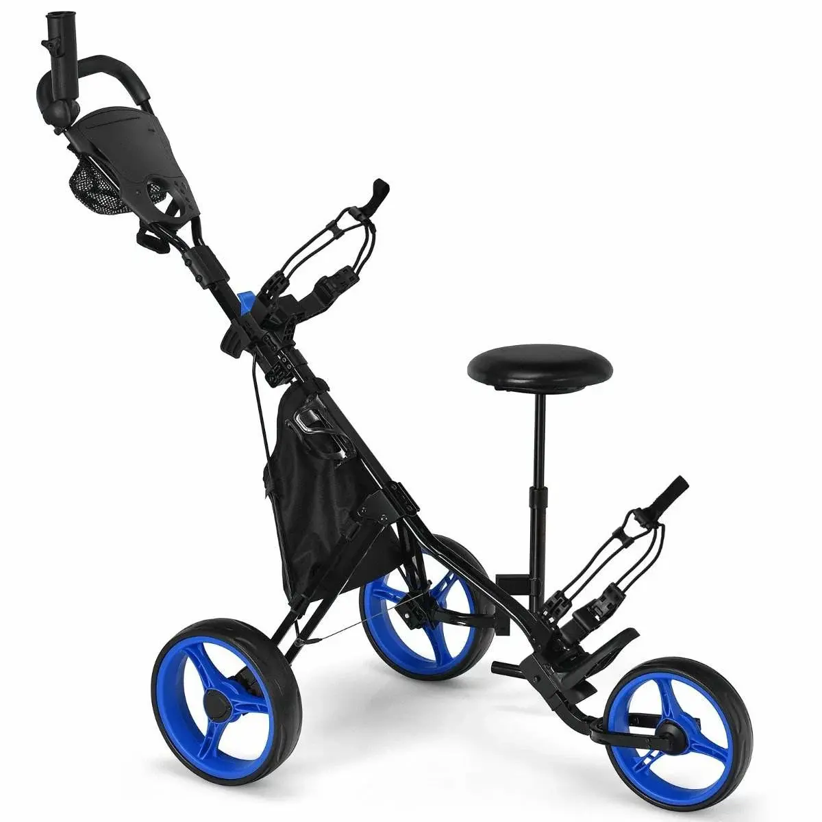 CWY 3 hjuls golfvogn laget av aluminium med paraplyholder og sete sammenleggbar golfvogn golf caddy blå