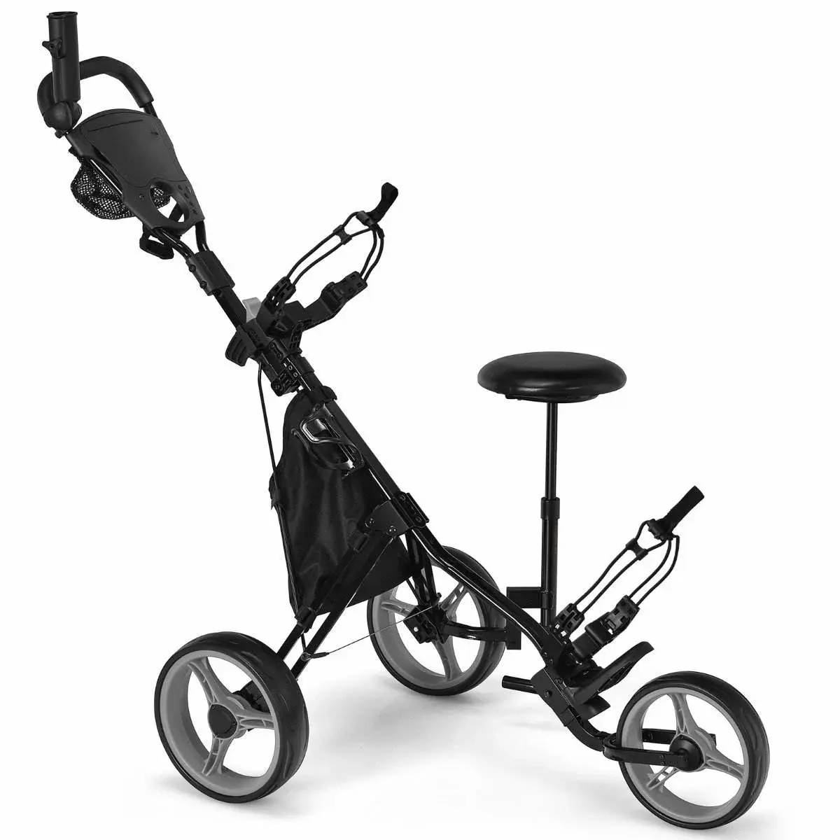 CWY 3 hjuls golfvogn laget av aluminium med paraplyholder og sete sammenleggbar golfvogn golf caddy grå