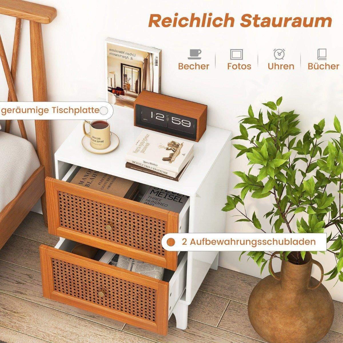 CWY Nattbord nattbord i rotting med 2 skuffer sidebord med heltre ben 46 x 33 x 59,5 cm hvit + brun