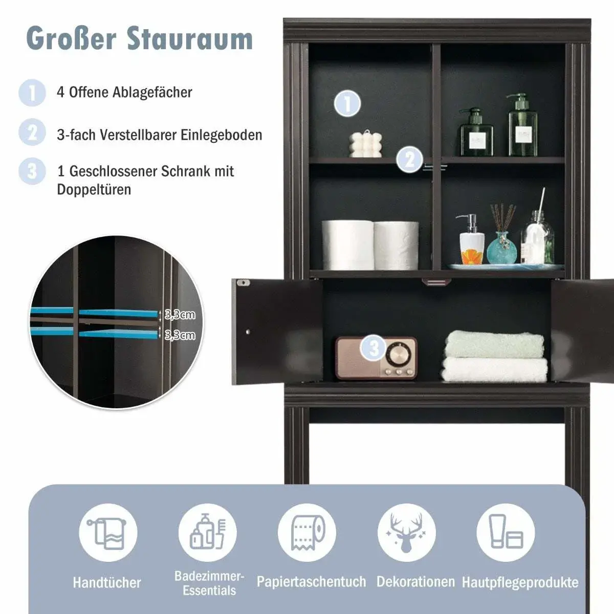 CWY 3-lags toaletthylle plassbesparende baderomshylle med 4 åpne rom 60 x 20 x 165 cm brun