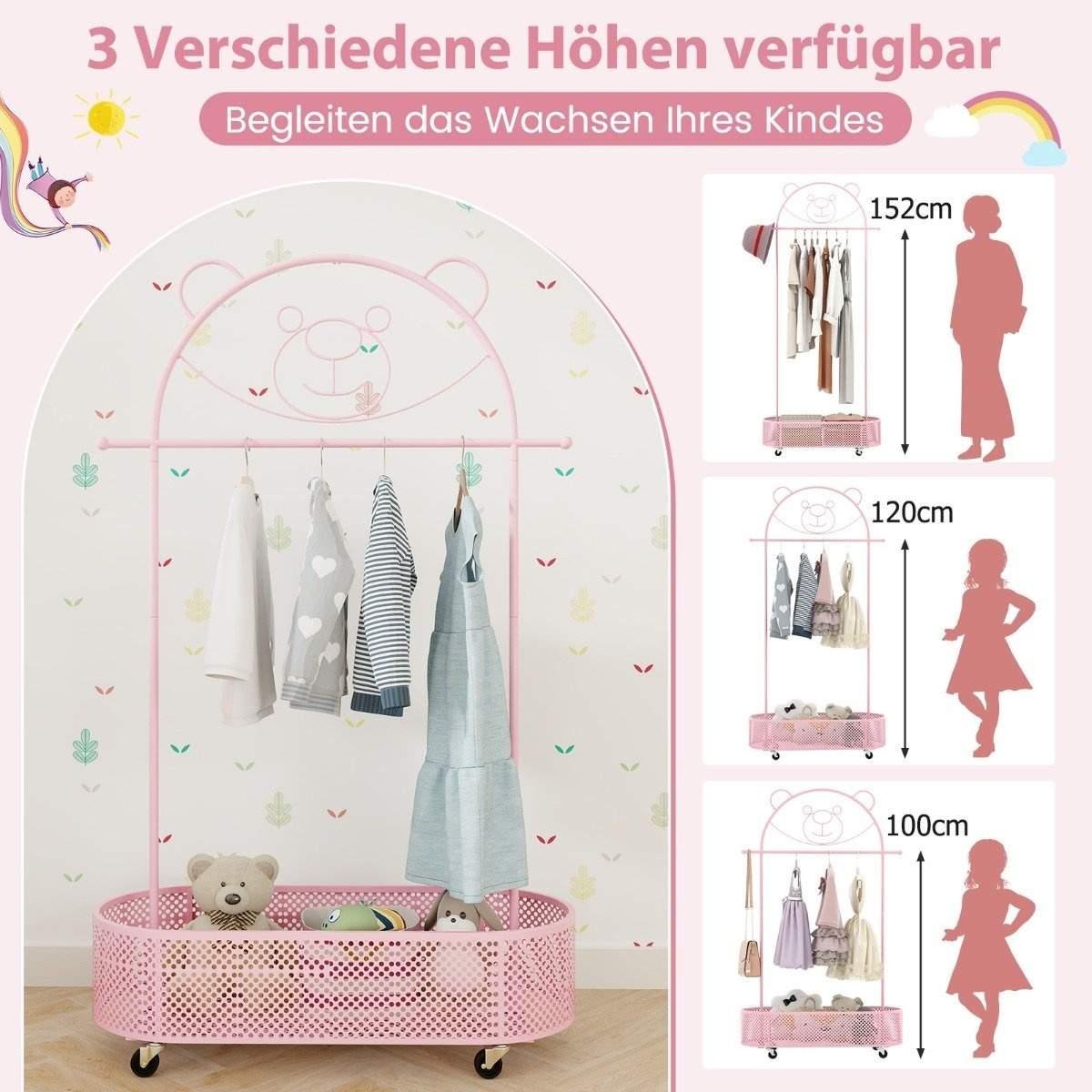 CWY Barnetøystativ høydejusterbar fra 130cm/150cm/182cm klesstativ på hjul rosa