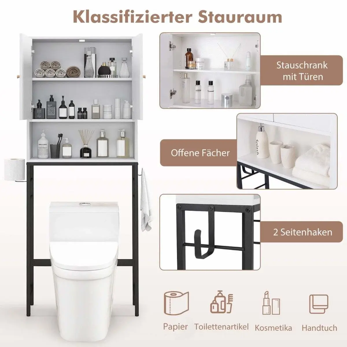 CWY Toalettskap frittstående toaletthylle med 2 dører & 2 kroker 63 x 23 x 165,5 cm hvit