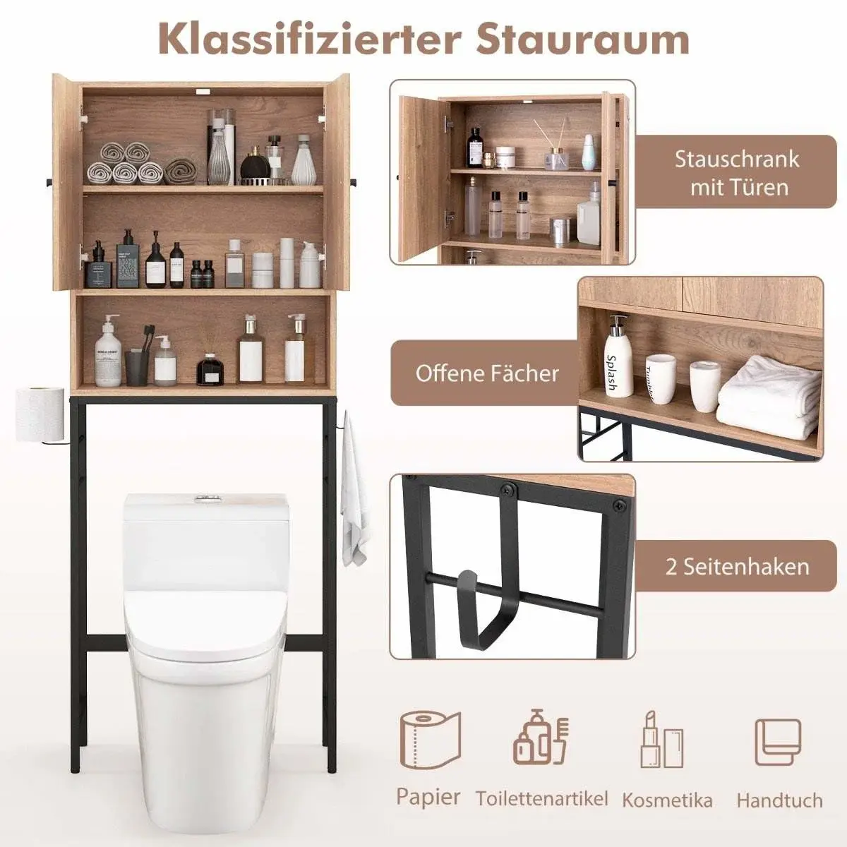 CWY Toalettskap frittstående toaletthylle med 2 dører & 2 kroker 63 x 23 x 165,5 cm natur