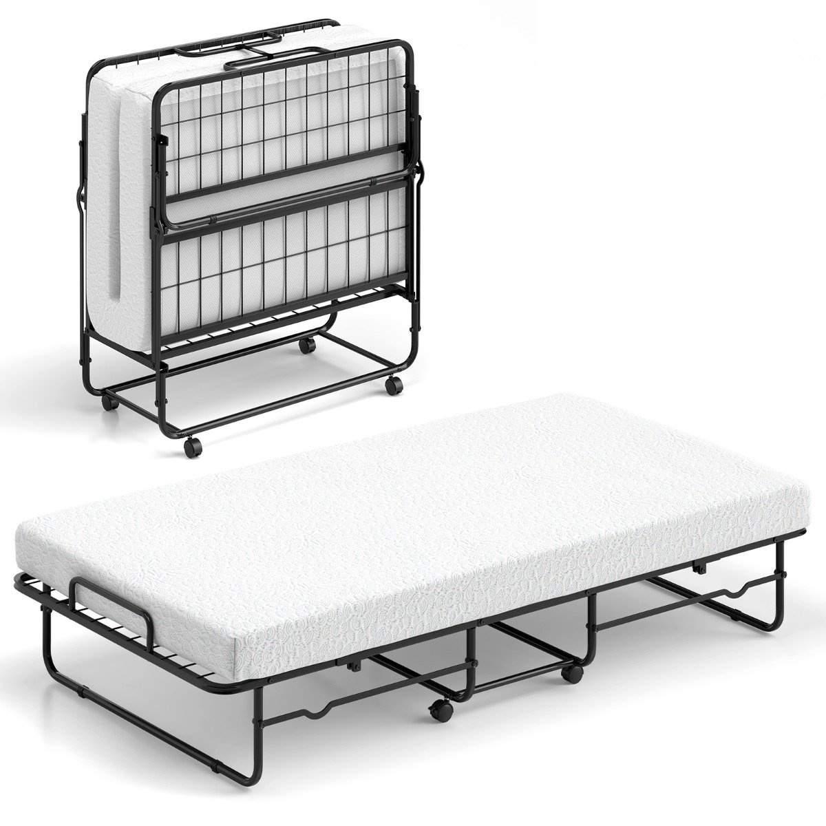 CWY 190 x 90 cm sammenleggbar seng med madrass og låsbare hjul