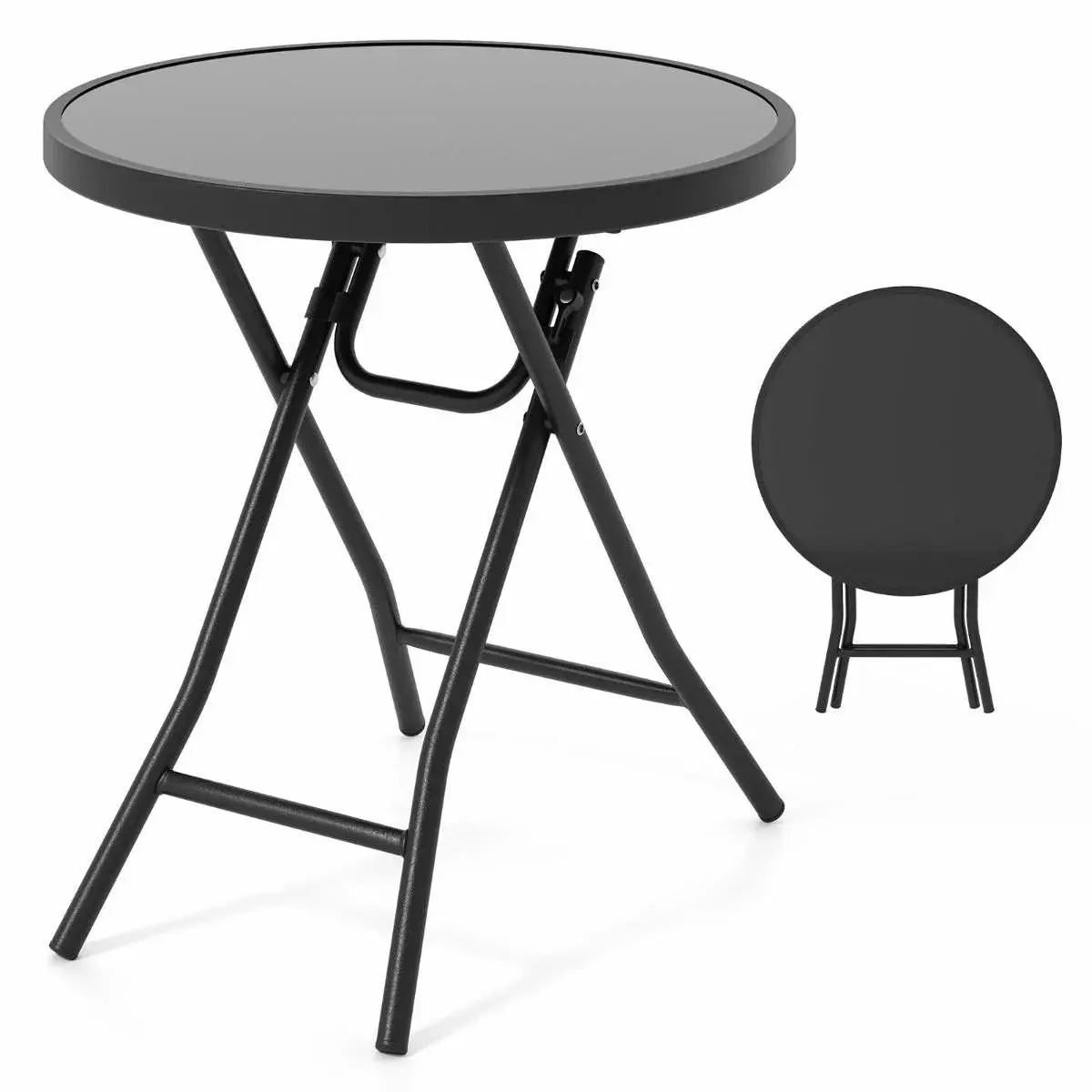 CWY Rund uteplass sofabord med herdet glassplate & Metallramme sammenleggbar sidebord svart