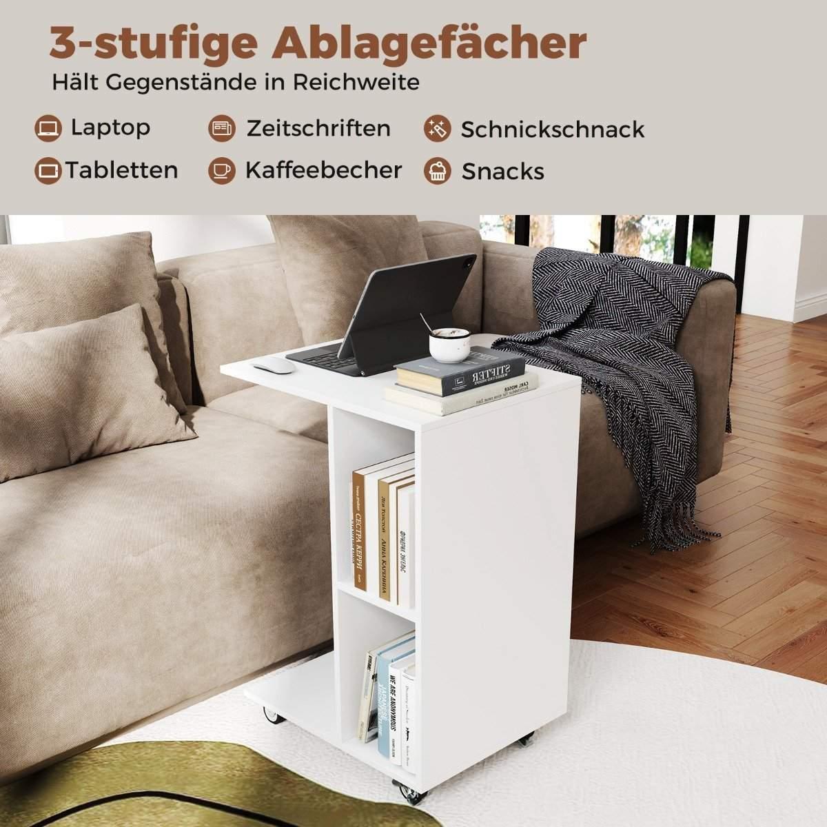 CWY C-formet sidebord, smalt sidebord med hyller, mobilt nattbord til stue, hvit