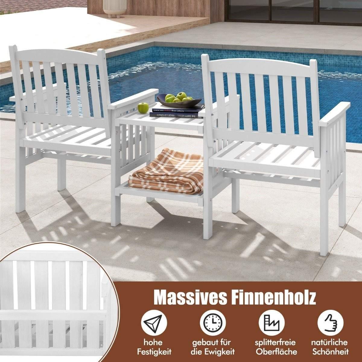 CWY Hagebenk med bord 2-seters benk med 5 cm paraplyhull trebenk laget av grantre opptil 330 kg 165 x 60 x 88 cm hvit