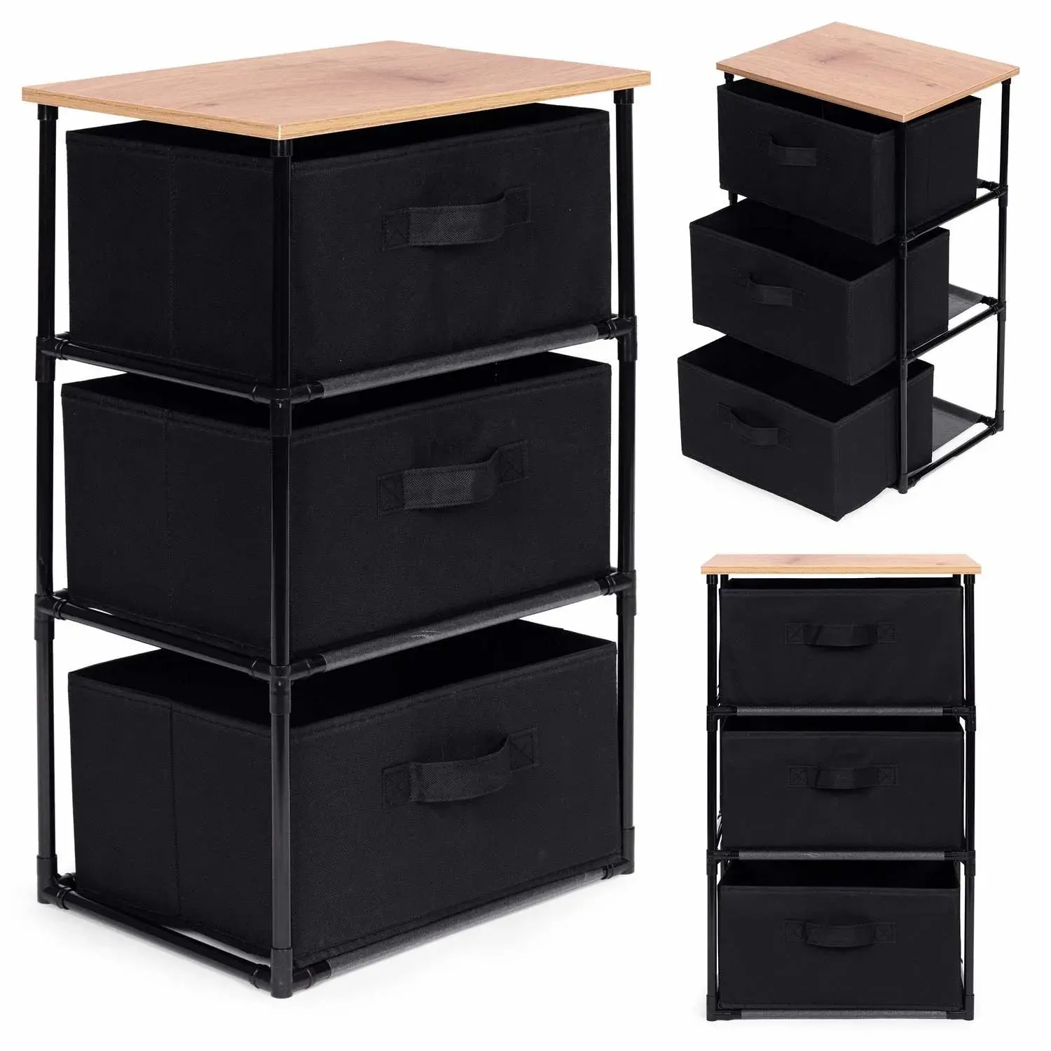 Modernhome Skaphylleorganisator, stoff med avtakbare kurver, 3 nivåer, loftstil, svart, ModernHome