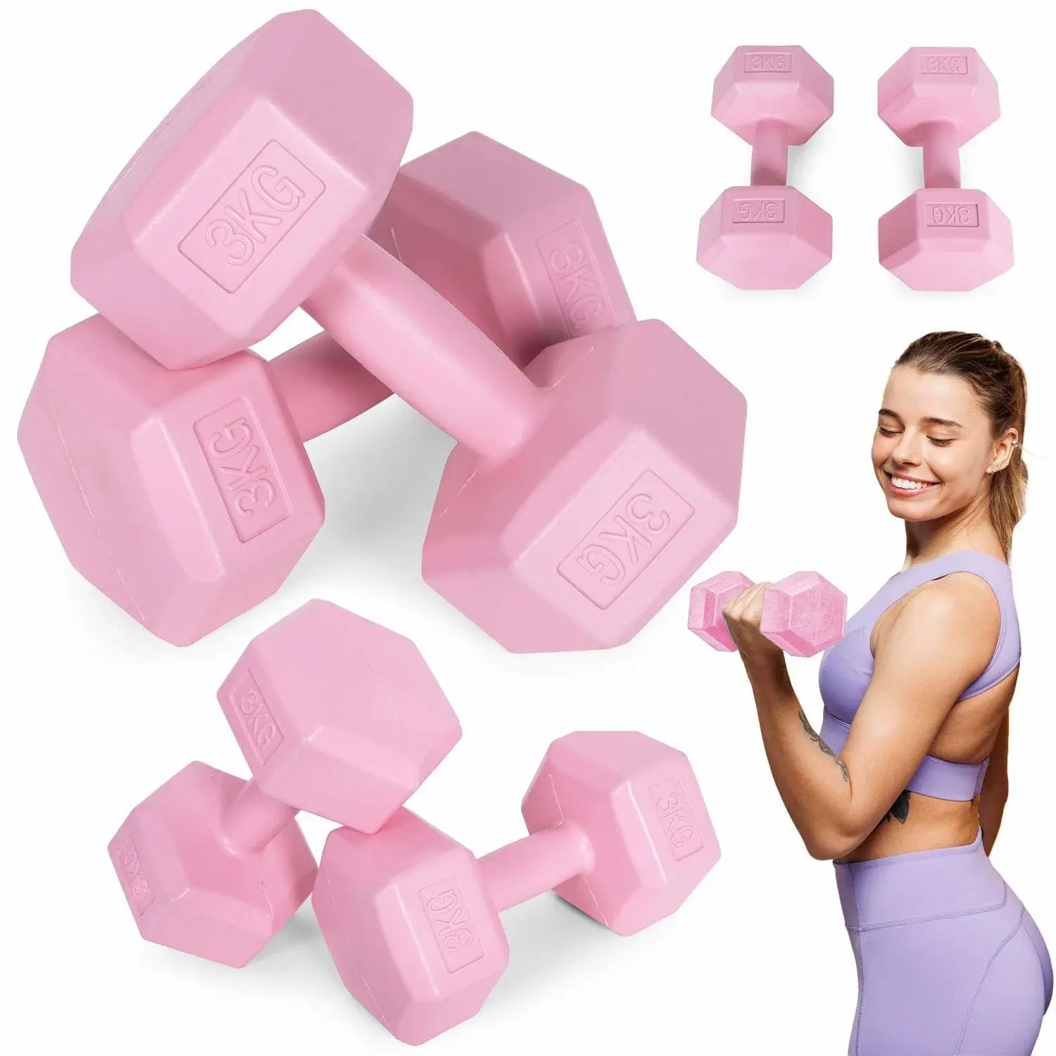 Modernhome Hex manualer sett 2x3 kg, treningsvekter, fitness belastning, rosa, ModernHome