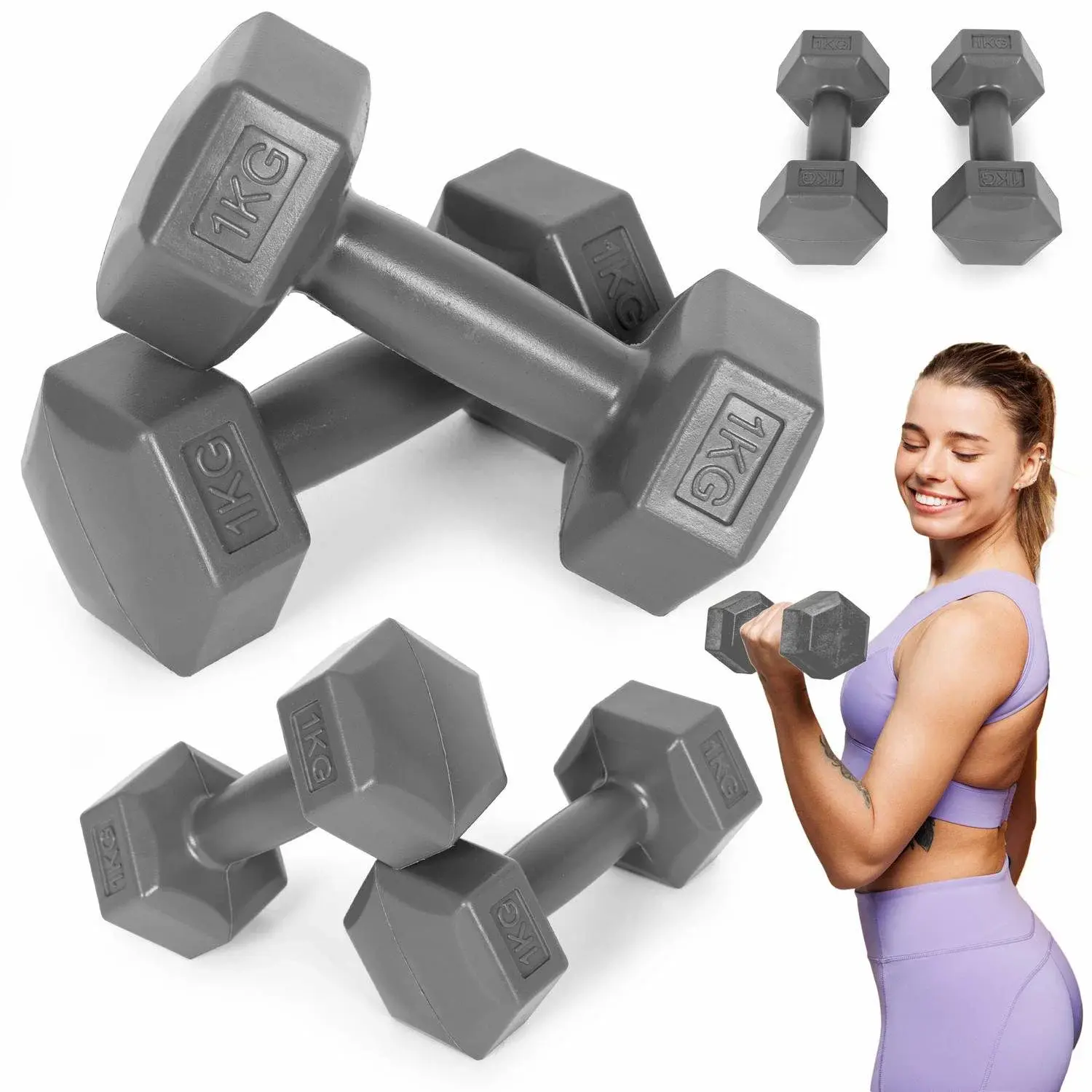 Modernhome Hex manualer sett 2x1 kg, treningsvekter, fitness belastning, grå, ModernHome
