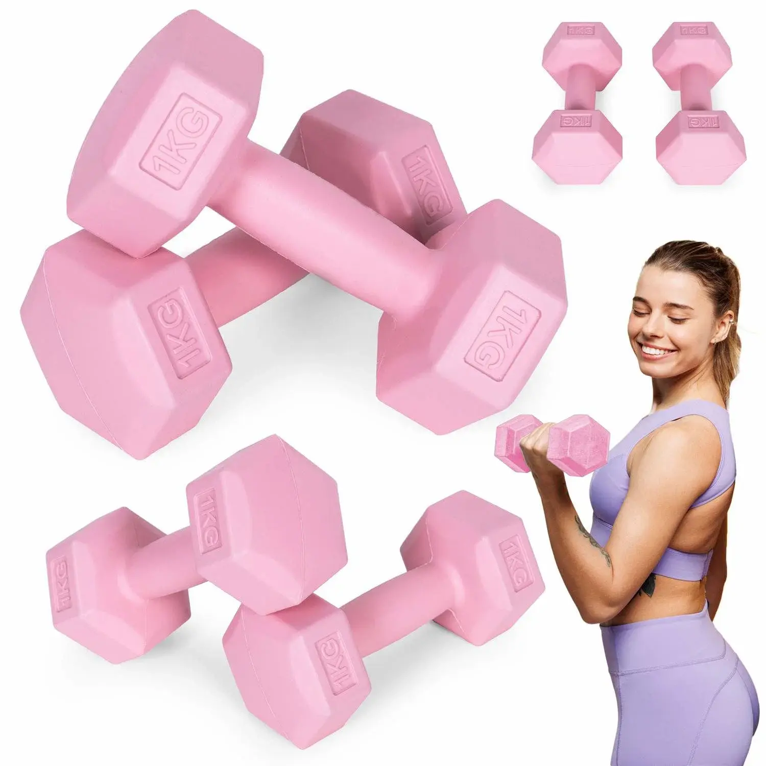 Modernhome Hex manualer sett 2x1 kg, treningsvekter, fitness belastning, rosa, ModernHome