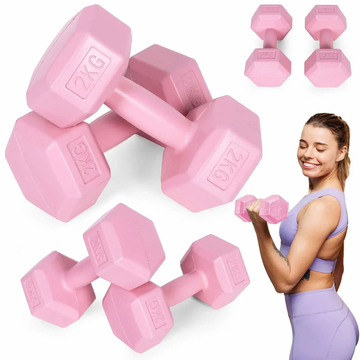Modernhome Hex manualer sett 2x2 kg, treningsvekter, fitness belastning, rosa, ModernHome
