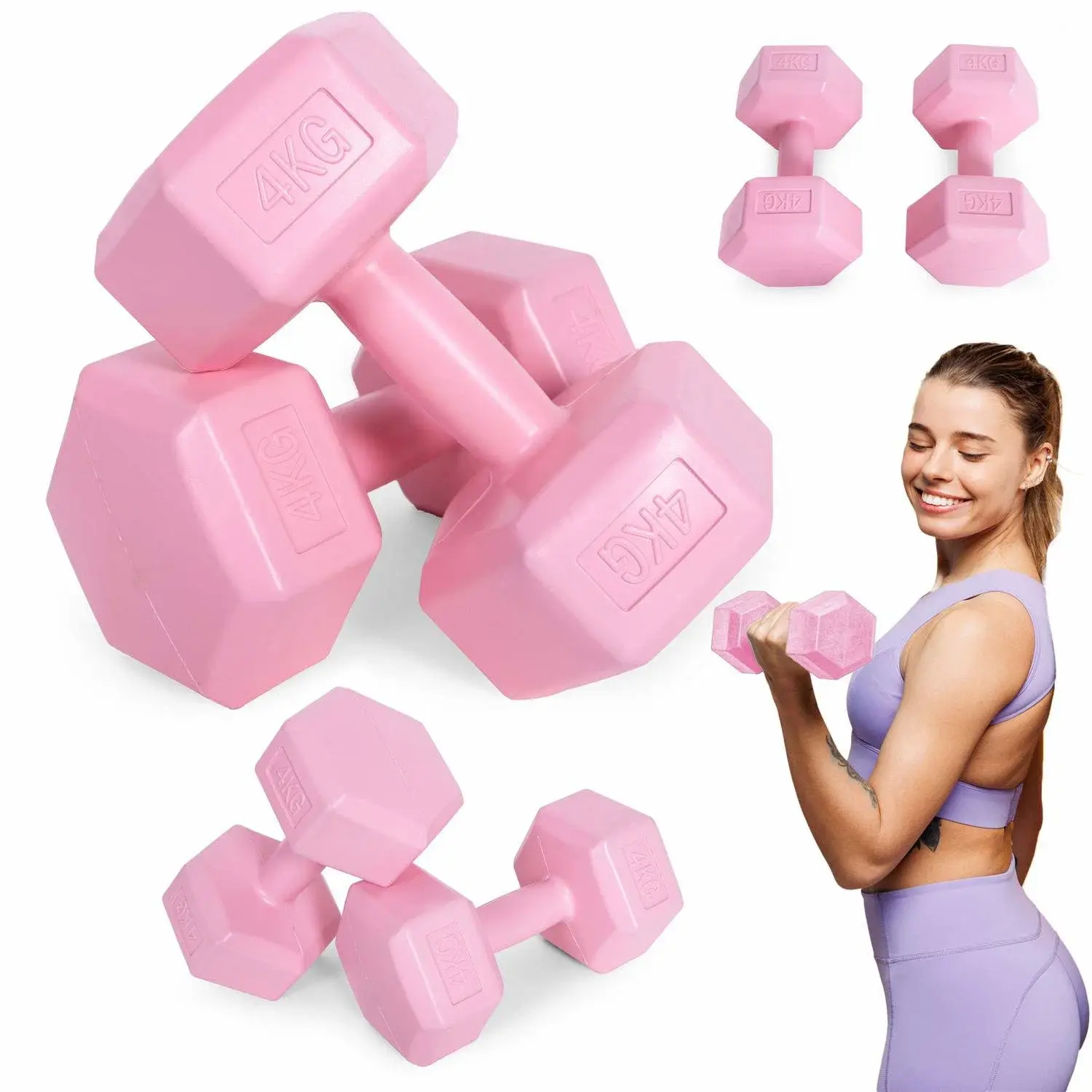 Modernhome Hex manualer sett 2x4 kg, treningsvekter, fitness belastning, rosa, ModernHome