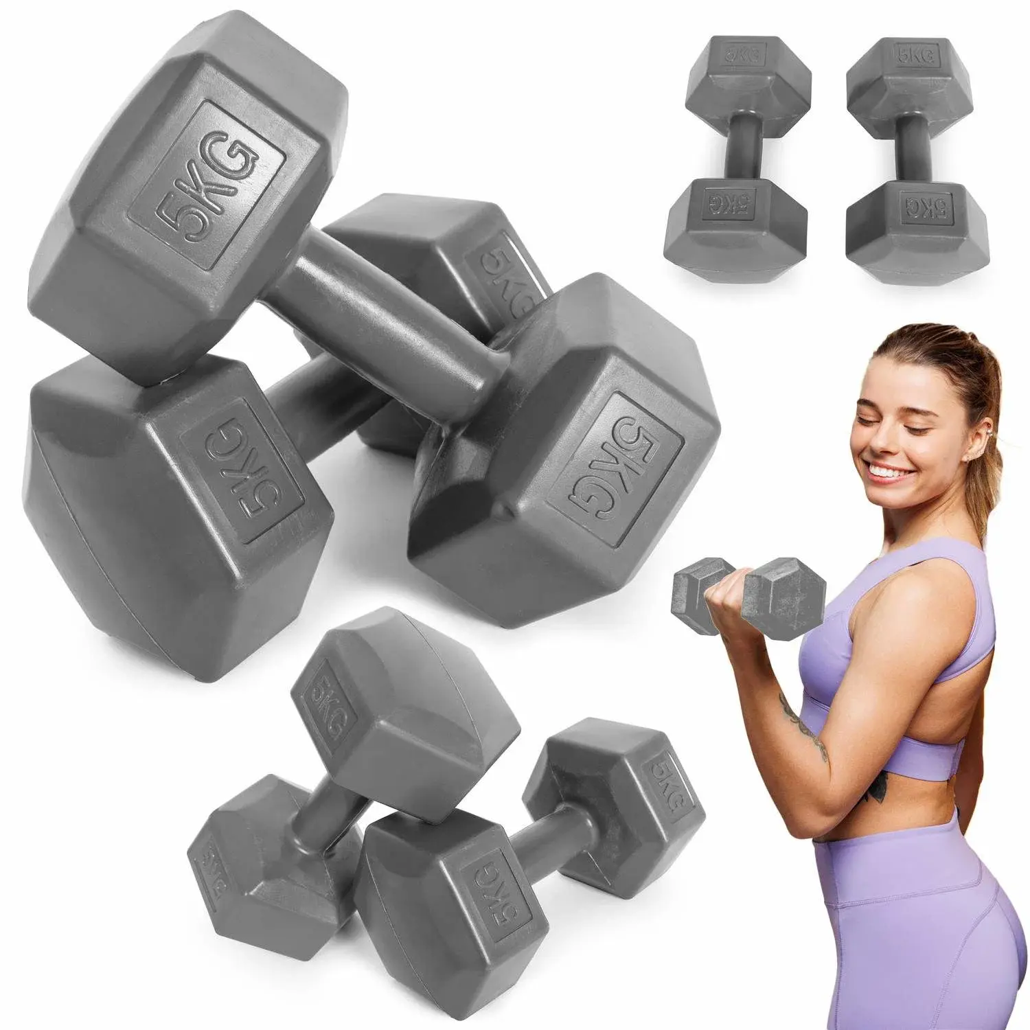 Modernhome Hex manualer sett 2x5 kg, treningsvekter, fitness belastning, grå, ModernHome