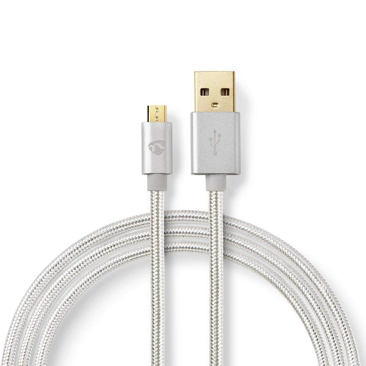 Pricenet USB-kabel | USB 2.0 | USB-A Han | USB Micro-B Han | 15 W | 480 Mbps | Gull belagt | 2.00 m | Rund | Flettet / Nylon | Aluminium