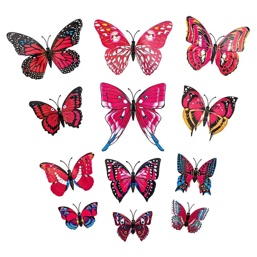eStore 12 stk. Rosa dekorative 3D-Sommerfugler i papir til vegger
