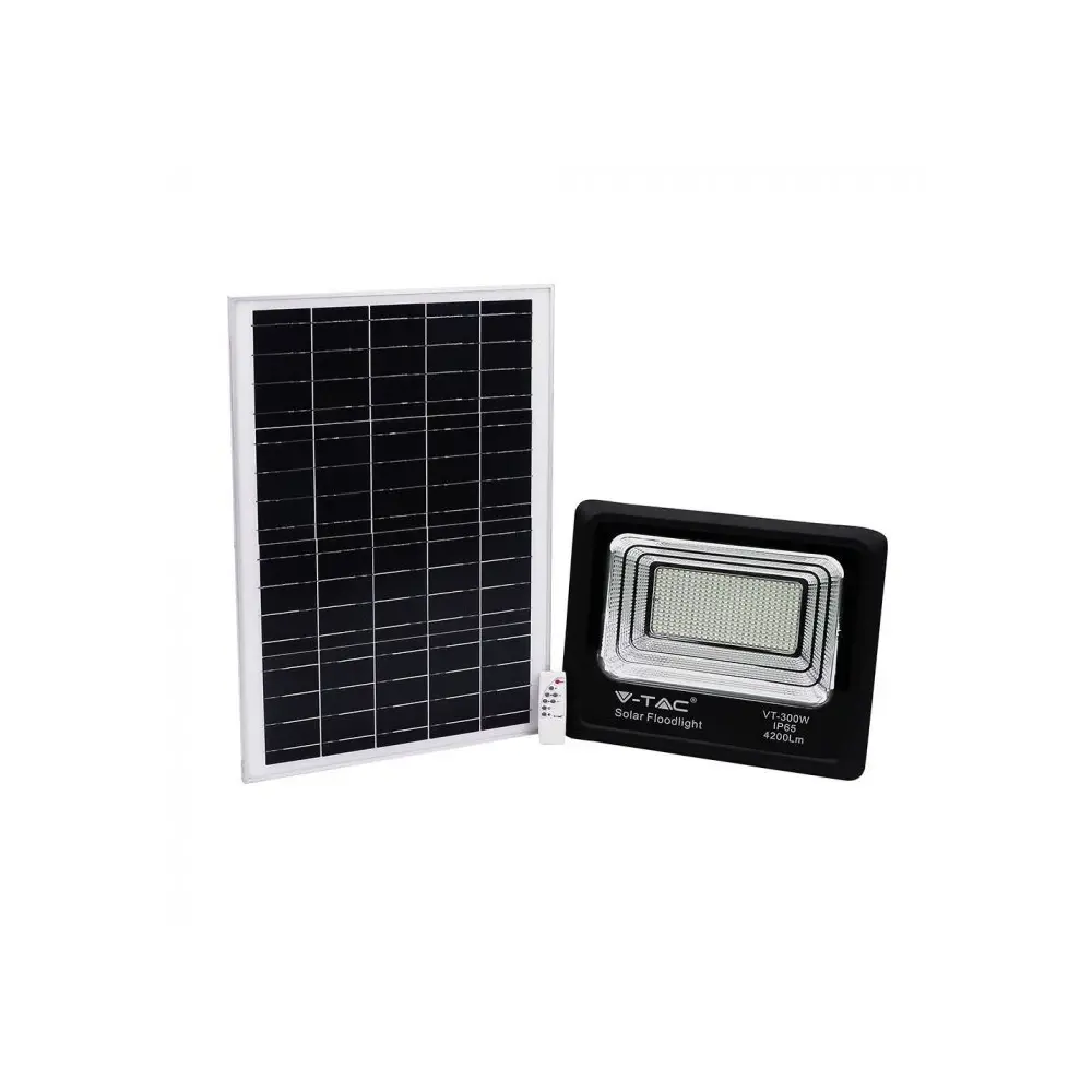 V-Tac 50W Solcelle lyskaster LED - IP65, Sort, arbeidslampe, inkl. solcelle, fjernkontroll - Dimbar : Ikke dimbar, Kulør : Nøytral