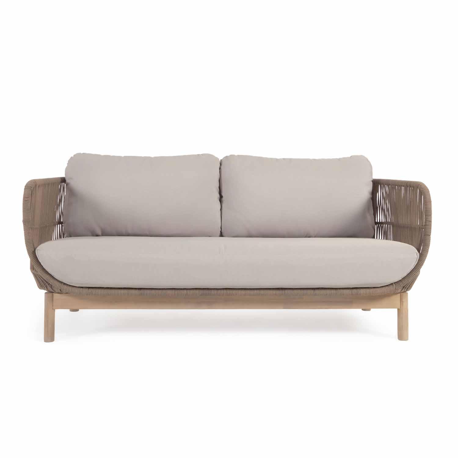 Kave Home KAVE HOME Catalina 3-manns hagesofa, med armlener og puter - beige tau og naturlig akasietre