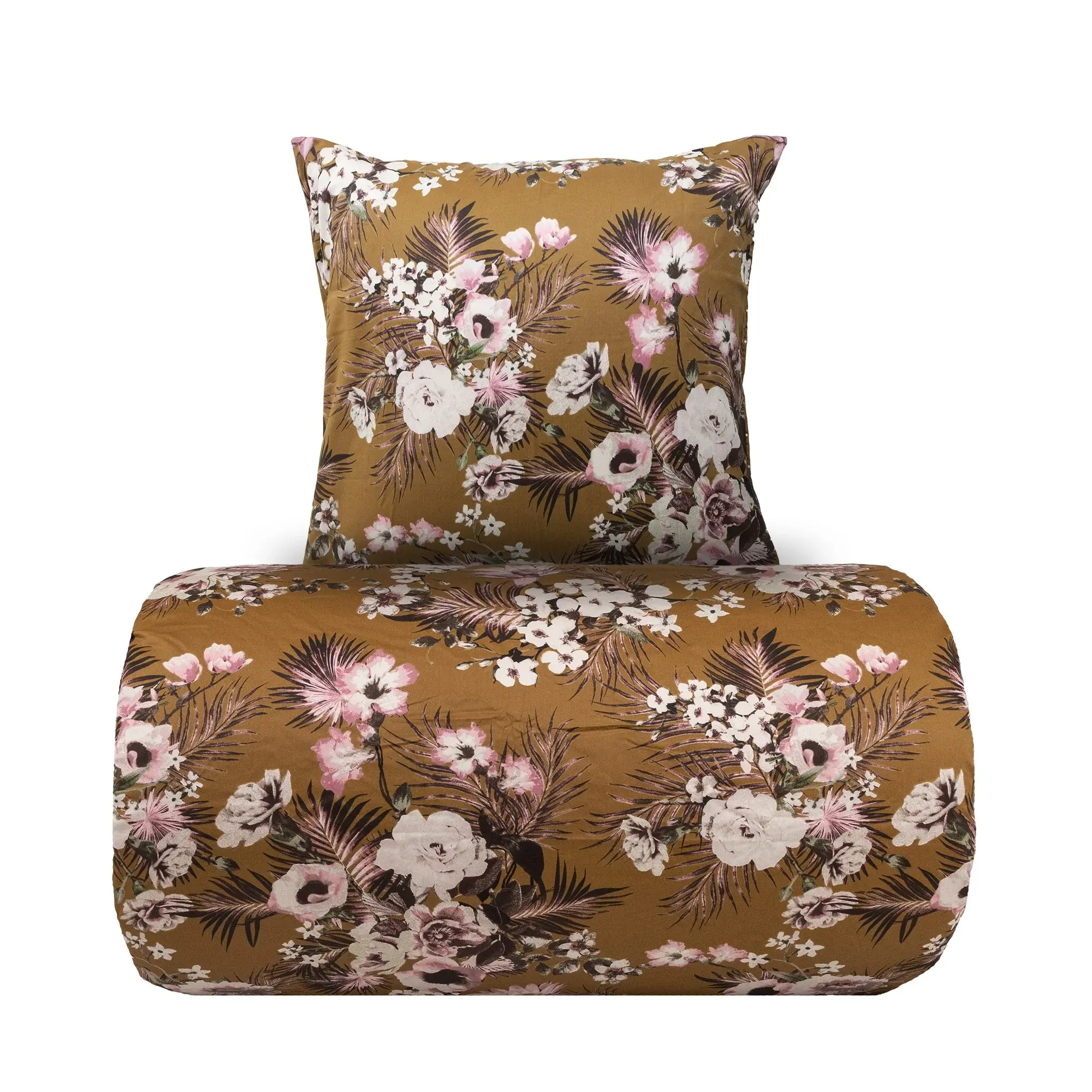 Borg Living Sengetøy 150x210 cm - vendbart design i 100% bomullssateng - Flowers & Dots karri - Sengesett fra By Night