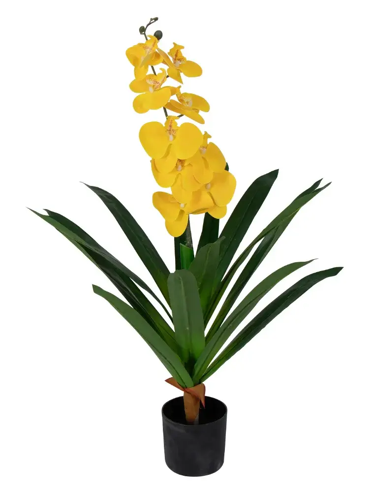 HOME-TEX Kunstig orkidé - 80 cm - Én gren - Gule blomster - Kunstig blomst i sort potte