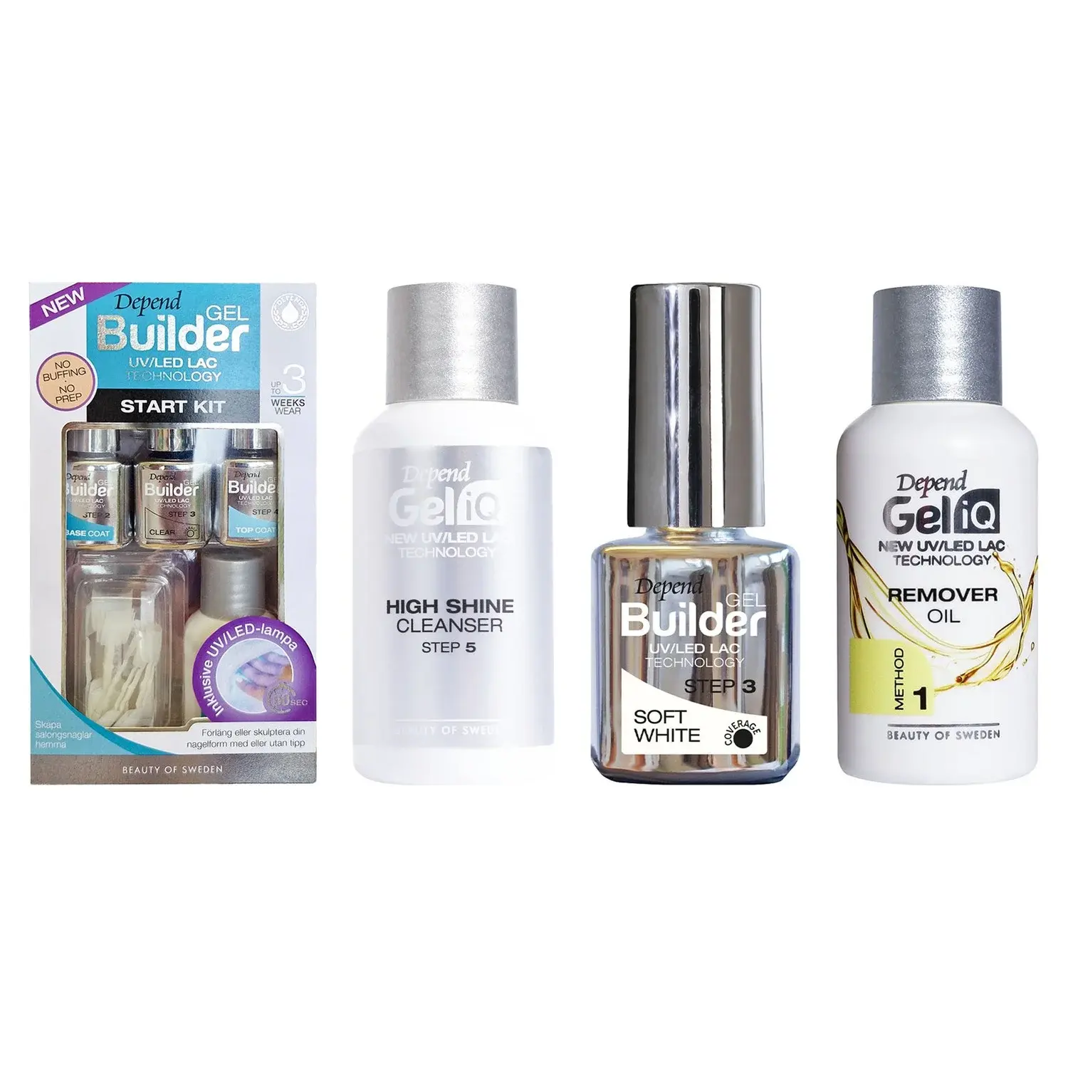 Depend Depend Gel Manicure Essentials Set Starter Kit, Builder Soft White 5ml, High Shine 35ml, Remover