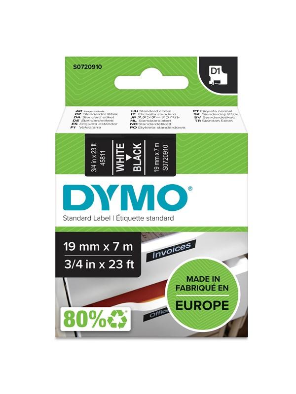 DYMO DYMO D1 tape, 19mm x 7m rulle, hvid på sort